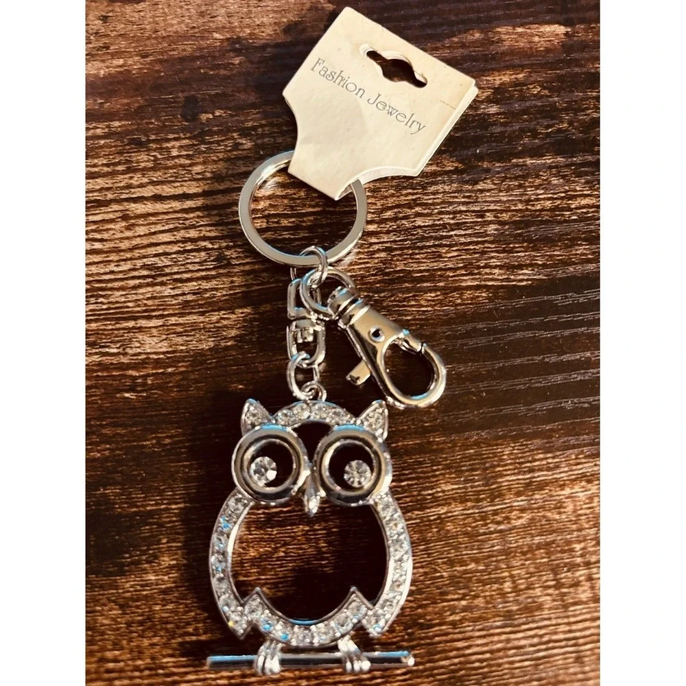 Silver Owl Keychain Rhinestone Crystal Bag Charm Swivel Clasp Fashion Jewelry